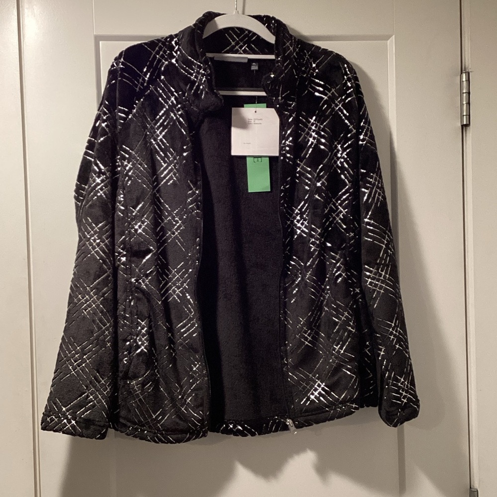 Jason Maxwell Women Petite Large Fleece Jacket Meteorite Silver Grid Zip Jacket